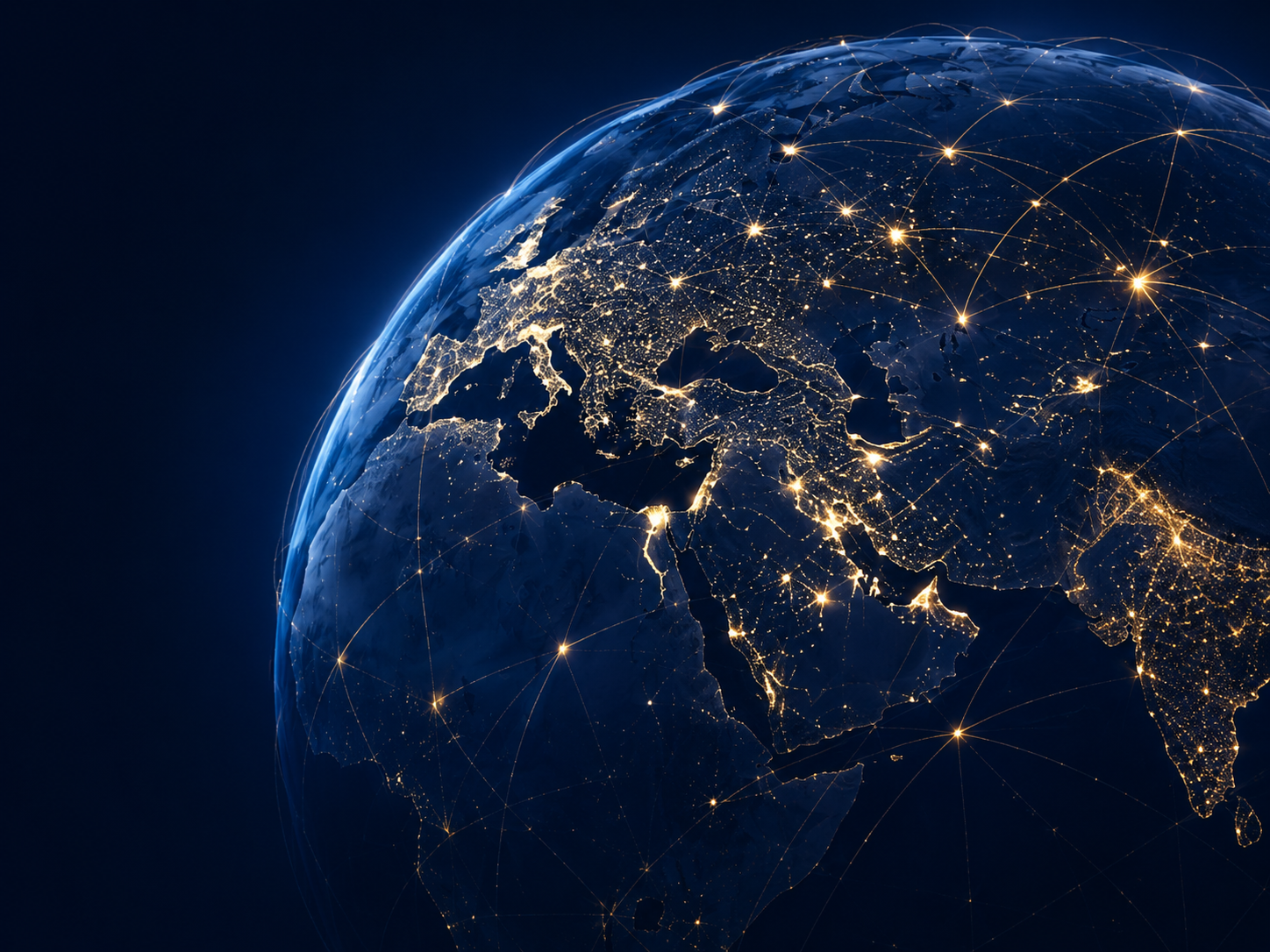 Illuminated Earth showing global connections across Europe, Africa, the Middle East, and Asia